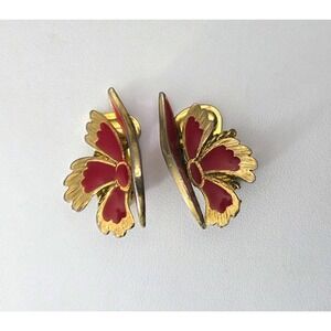 Vintage Red Enamel Butterfly Wings Clip-on Earrings Gold Tone Retro Estate NMR